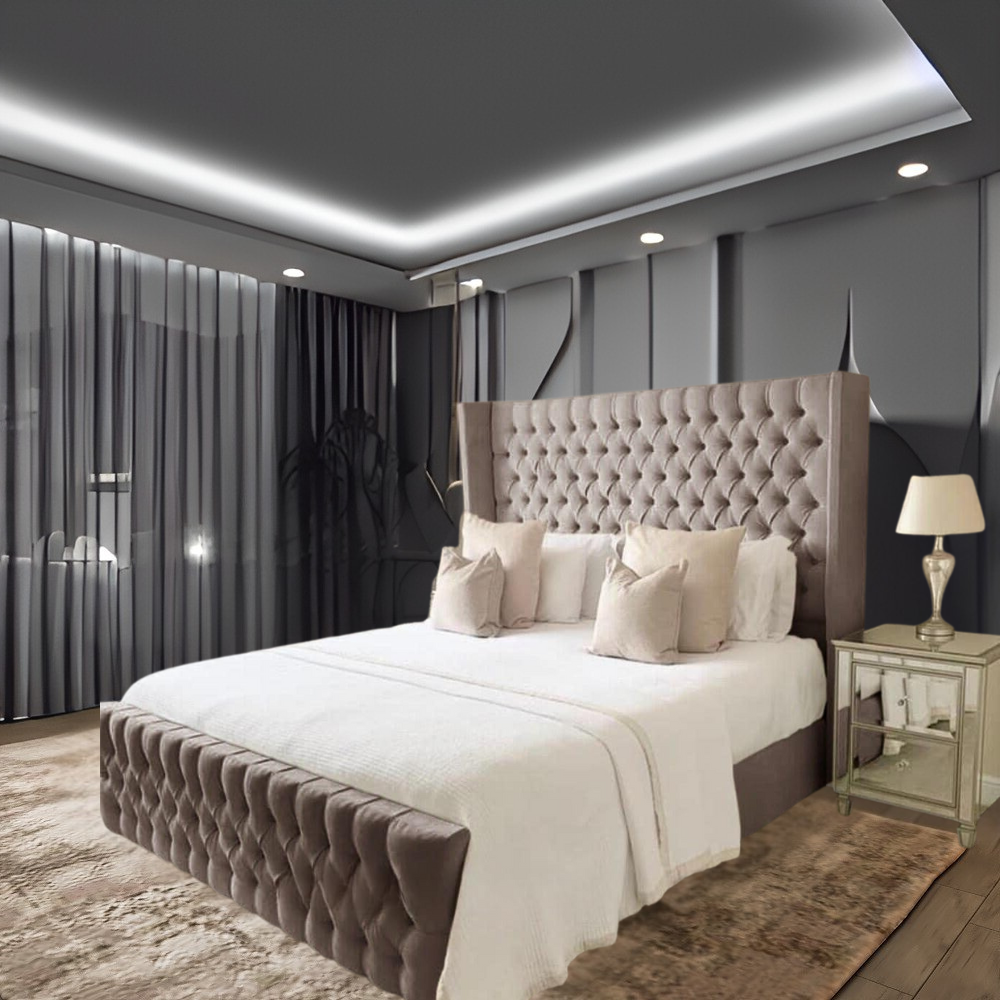 Modern bedroom with a brown tufted AceWingback Bed white linens, a mirrored nightstand with a lamp, gray textured walls, and black curtains.