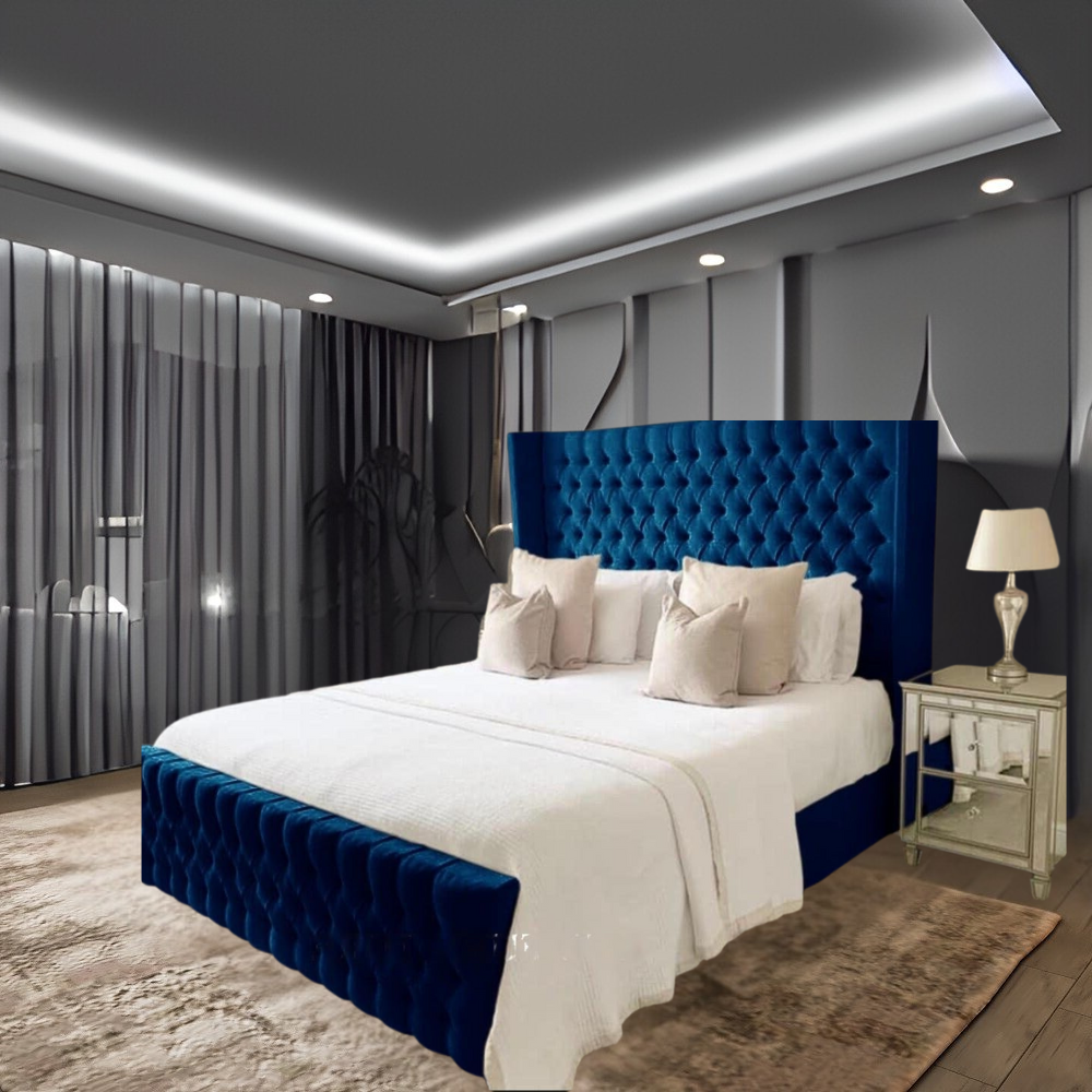 Modern bedroom with a blue tufted AceWingbackbed and elegant furnishings.