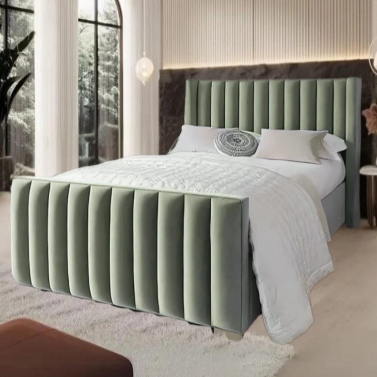 Modern bedroom with a padded green Erik Panel Bed, large windows, and rust-colored décor.