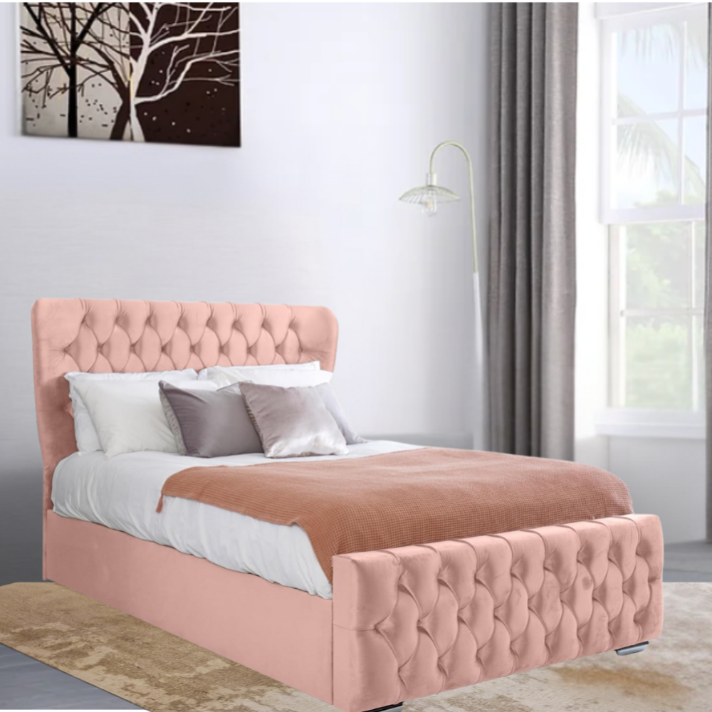 Pink tufted EvelynWingbackBed with white bedding and gray pillows in a bedroom with light gray walls and a window.