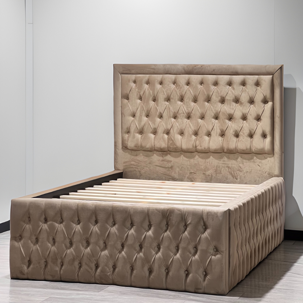 Luxurious tufted upholstered LunaHiltonBed frame with a high headboard in a minimalist room.