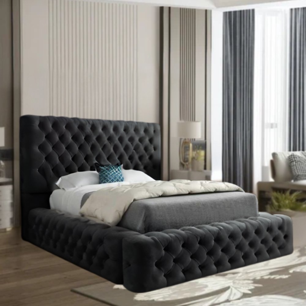 Luxurious bedroom with a tufted dark gray MillyAmbassador bed and modern decor.