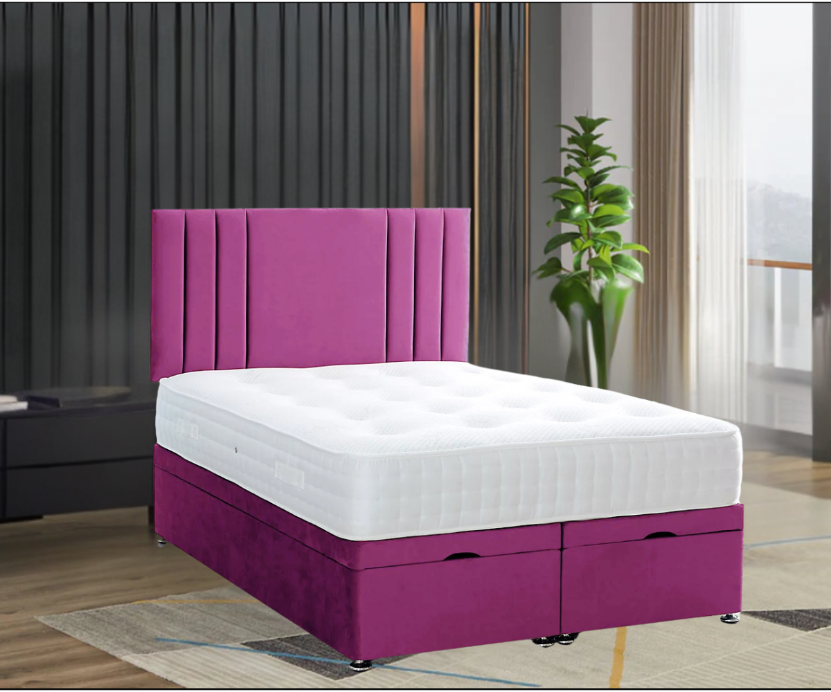 A modern RowanPanelBed with a pink upholstered headboard and base, featuring a white quilted mattress, beside a large window with sheer curtains.