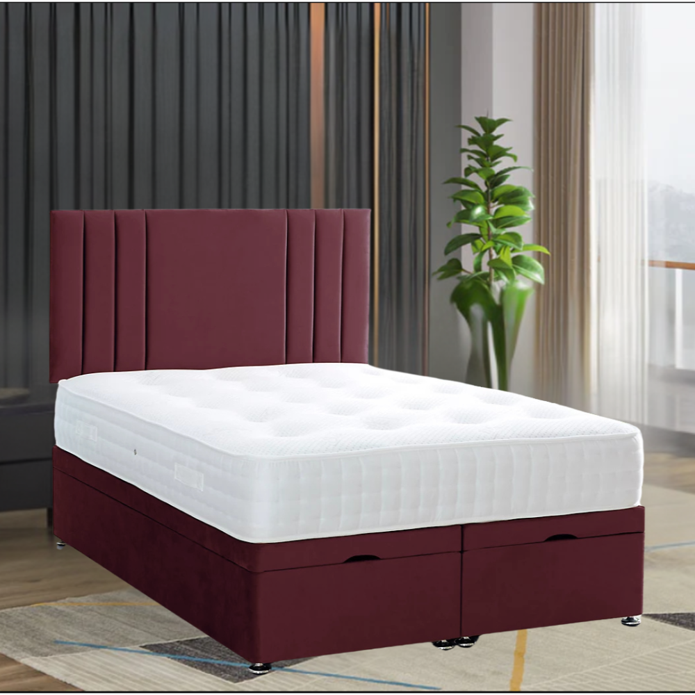 Modern bedroom with a burgundy RowanPanelBed and white mattress, large windows, and a tall indoor plant.