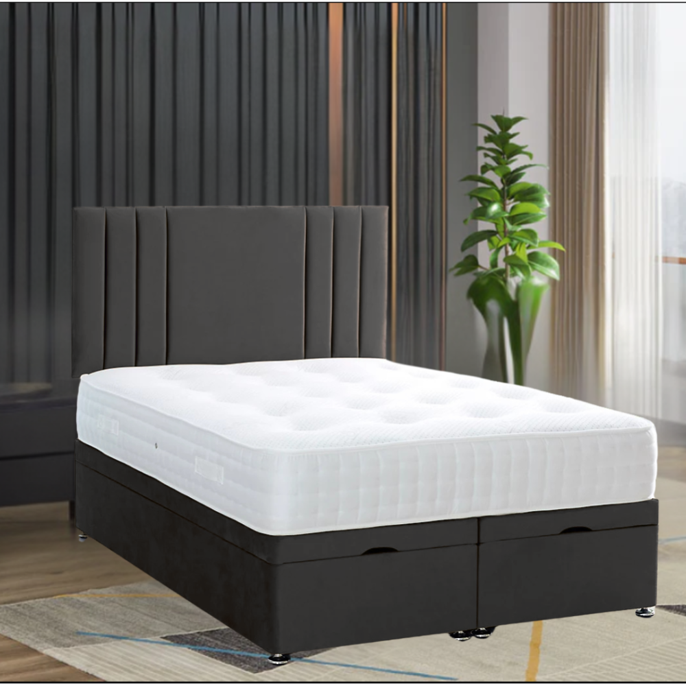 A modern RowanPanelBed with a dark upholstered headboard and a white quilted mattress.
