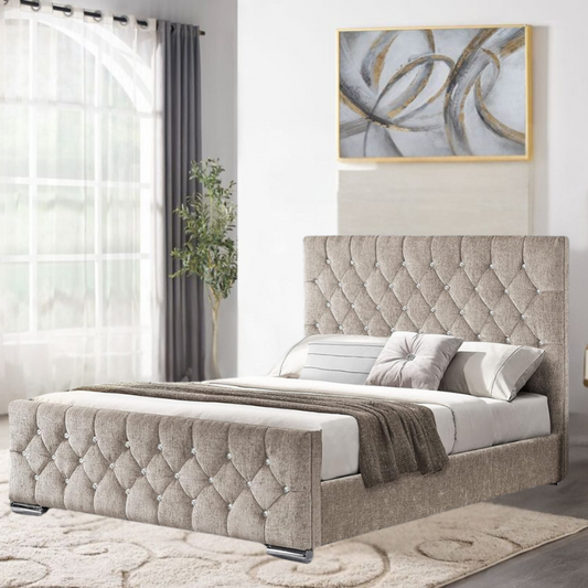 A modern StellaFlorida bed with a beige tufted headboard and footboard in a bright bedroom.