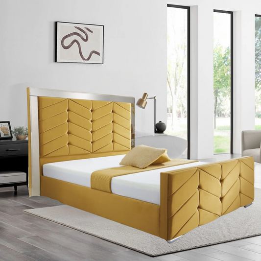 A modern bedroom with a AldoLuxury bed featuring a yellow upholstered headboard and footboard, large windows, and minimalist decor.