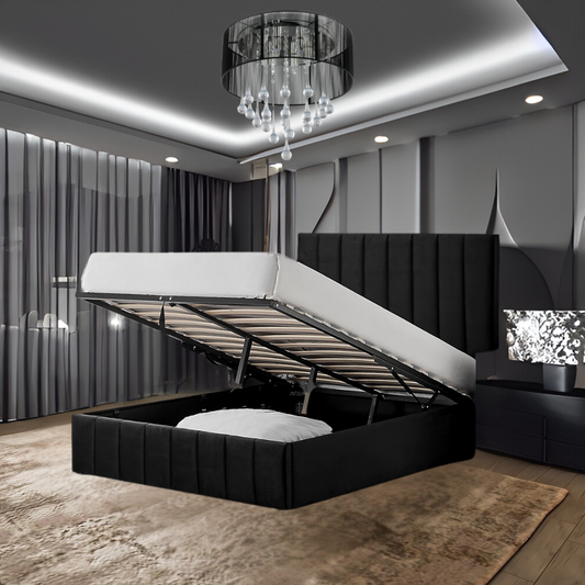 A modern bedroom with a black upholstered storage FinnPanel bed and a sleek chandelier.

