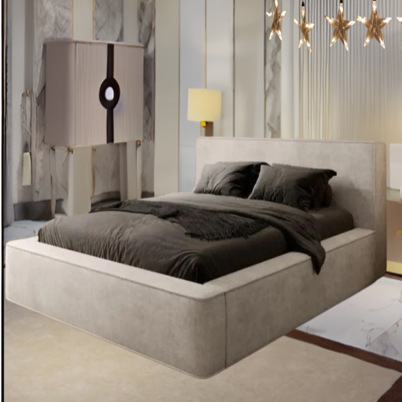 A modern bedroom with a large Freya Ambassador bed, star-shaped fairy lights, and marble-like wall panels.
