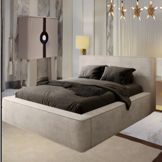 A modern bedroom with a large Freya Ambassador bed, star-shaped fairy lights, and marble-like wall panels.