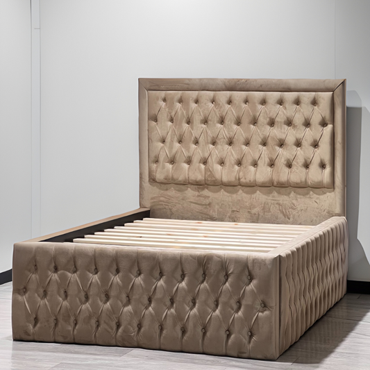 Luxurious tufted upholstered LunaHiltonBed frame with a high headboard in a minimalist room.
