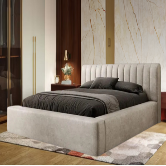 Modern bedroom with a gray Lyle Panel bed, wooden nightstands, and a wardrobe with glass doors.