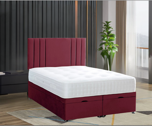 Red upholstered RowanPanelBed with white mattress in a modern bedroom.


