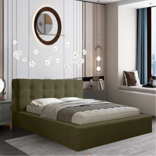 Modern bedroom with a green Zoe Cube bed, gray nightstands, and floral wall decor.