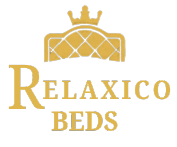 Logo of Relaxico Beds with  with  premium mattress golden text and bed illustration.

